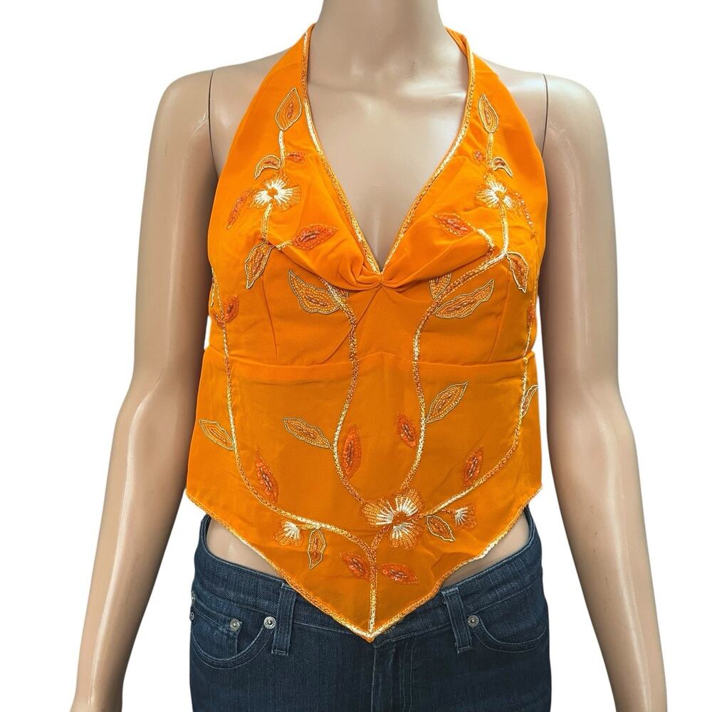 Bollywood Chic Beaded Halter Top Small Pointed Hem Tied Back Boho Y2K Festival
